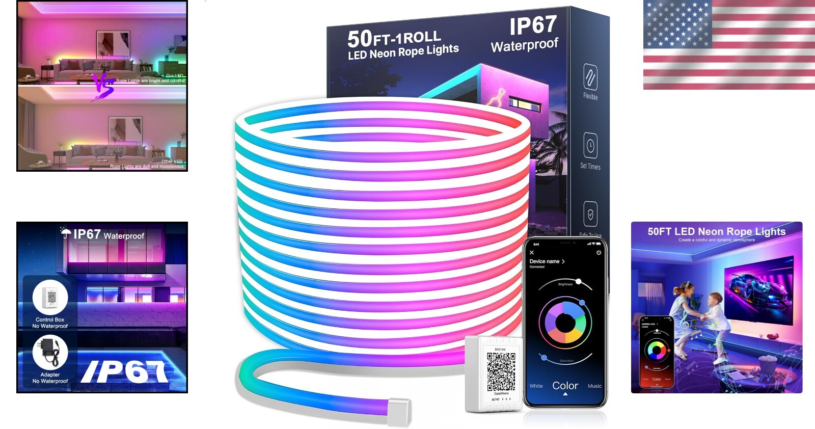 50FT Waterproof RGB Neon LED Rope Lights with Remote & App Control for Home D...