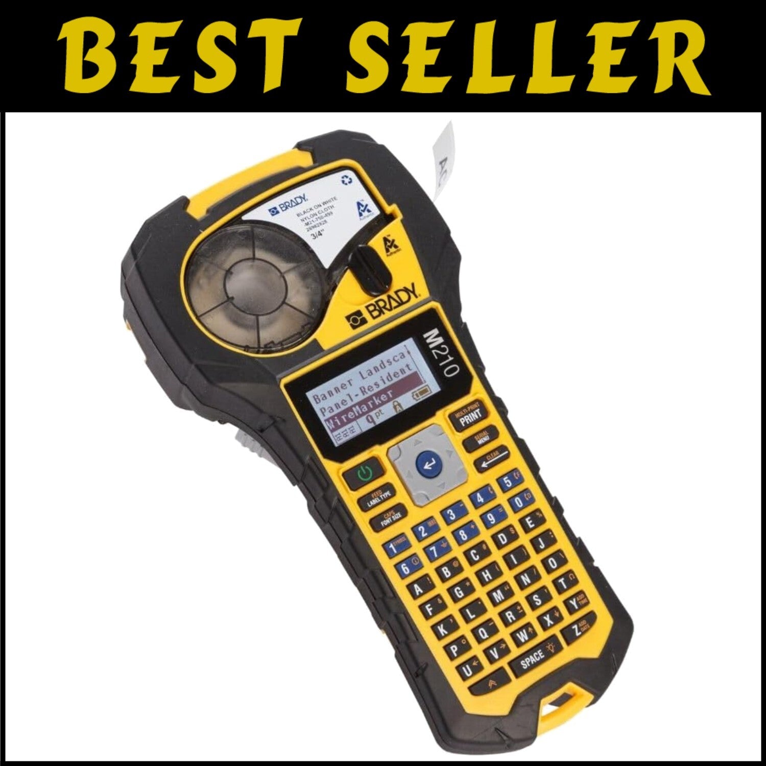 Compact Yellow/Black Label Printer with Adjustable Font & Quick Start Guide