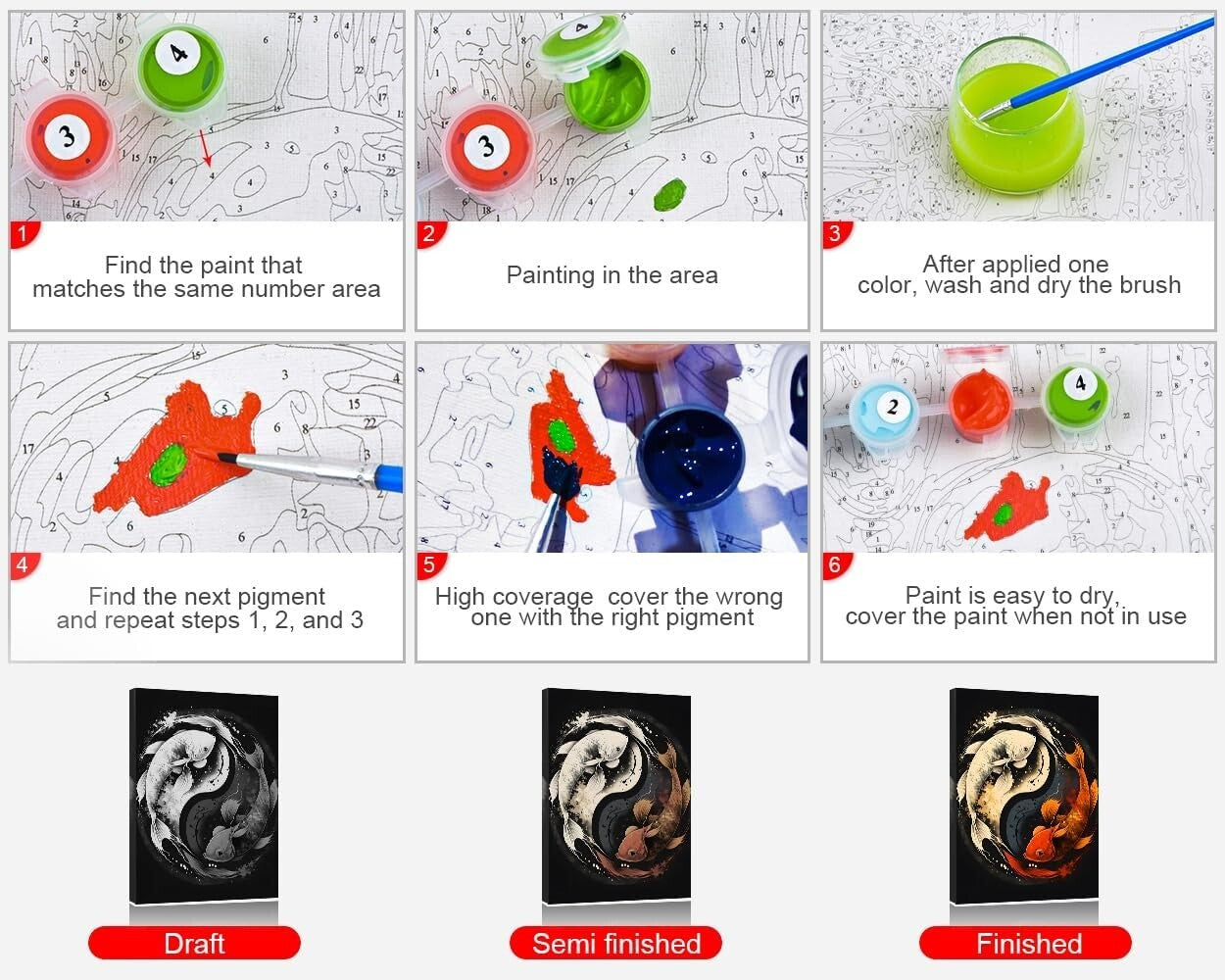 Koi Fish Paint by Numbers Kit - 16x20 Inch Framed Yin Yang Design for Beginners