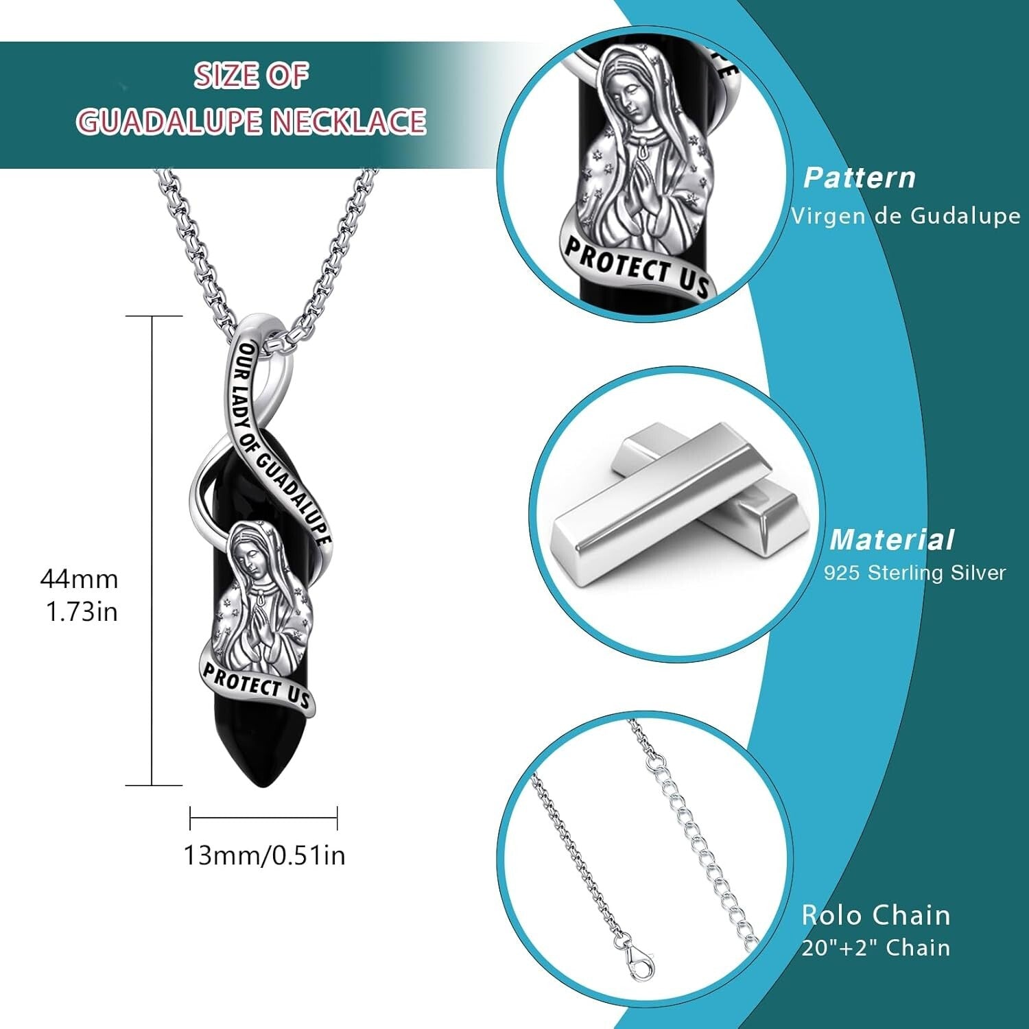 925 Sterling Silver Our Lady of Guadalupe Pendant Necklace for Faith and Prot...