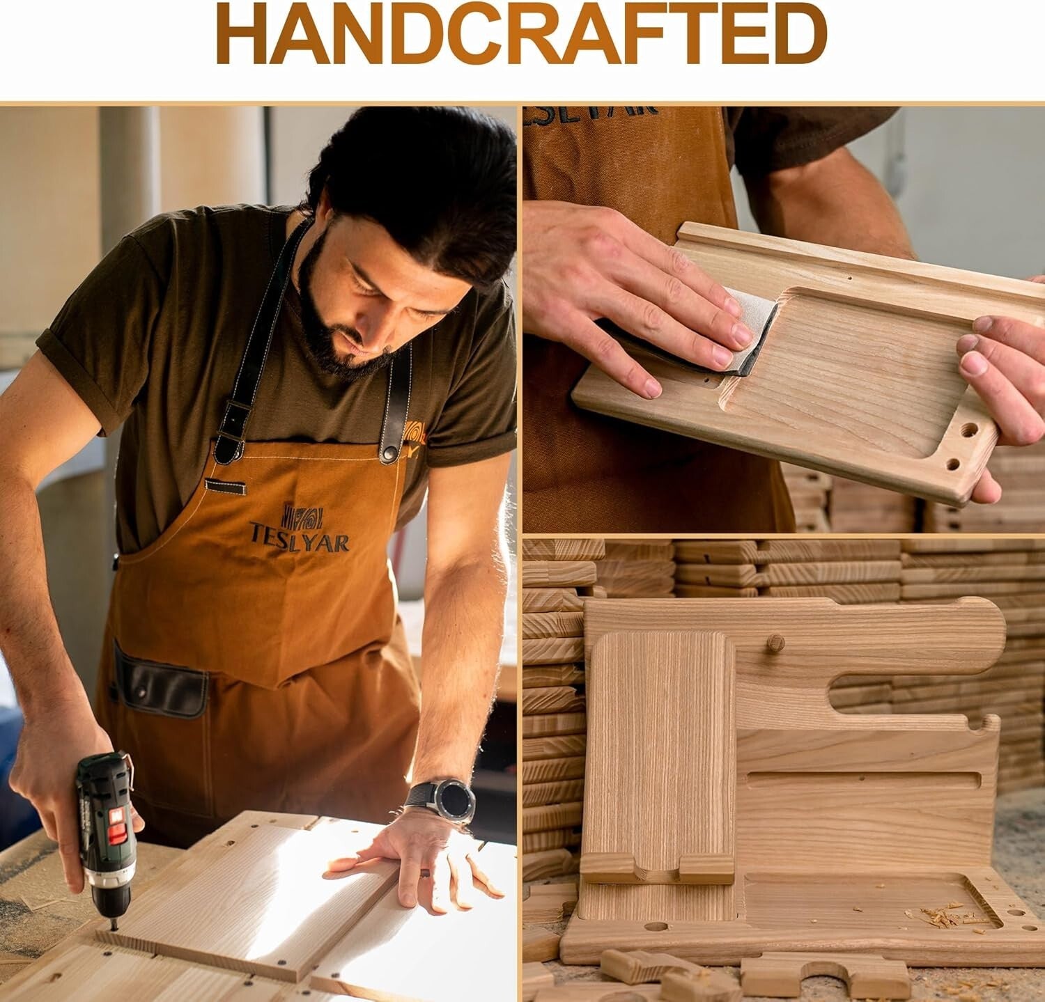 Elegant Wood Phone Docking Station & Organizer for Desk or Nightstand Gifts