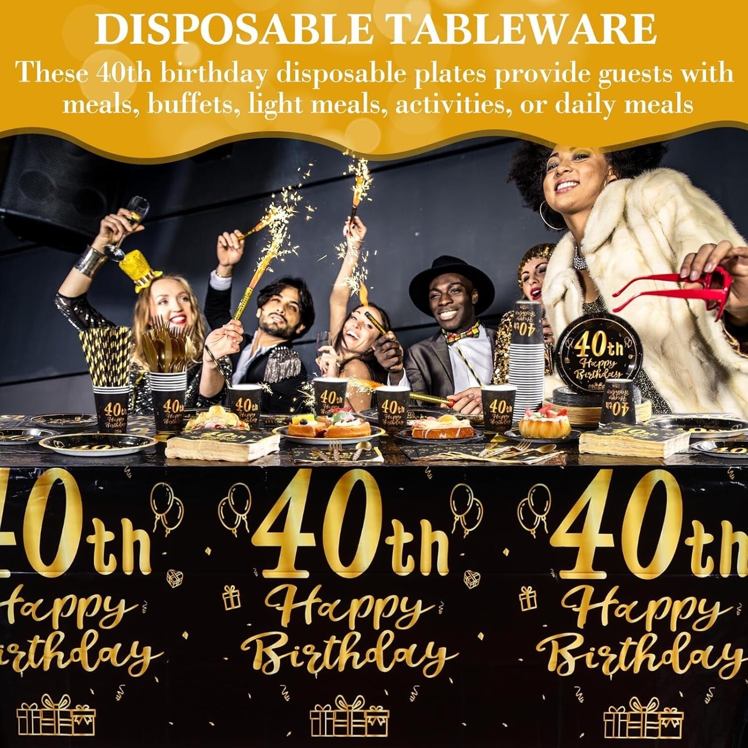 452 Pcs Black and Gold 40th Birthday Party Supplies - Classy Disposable Set