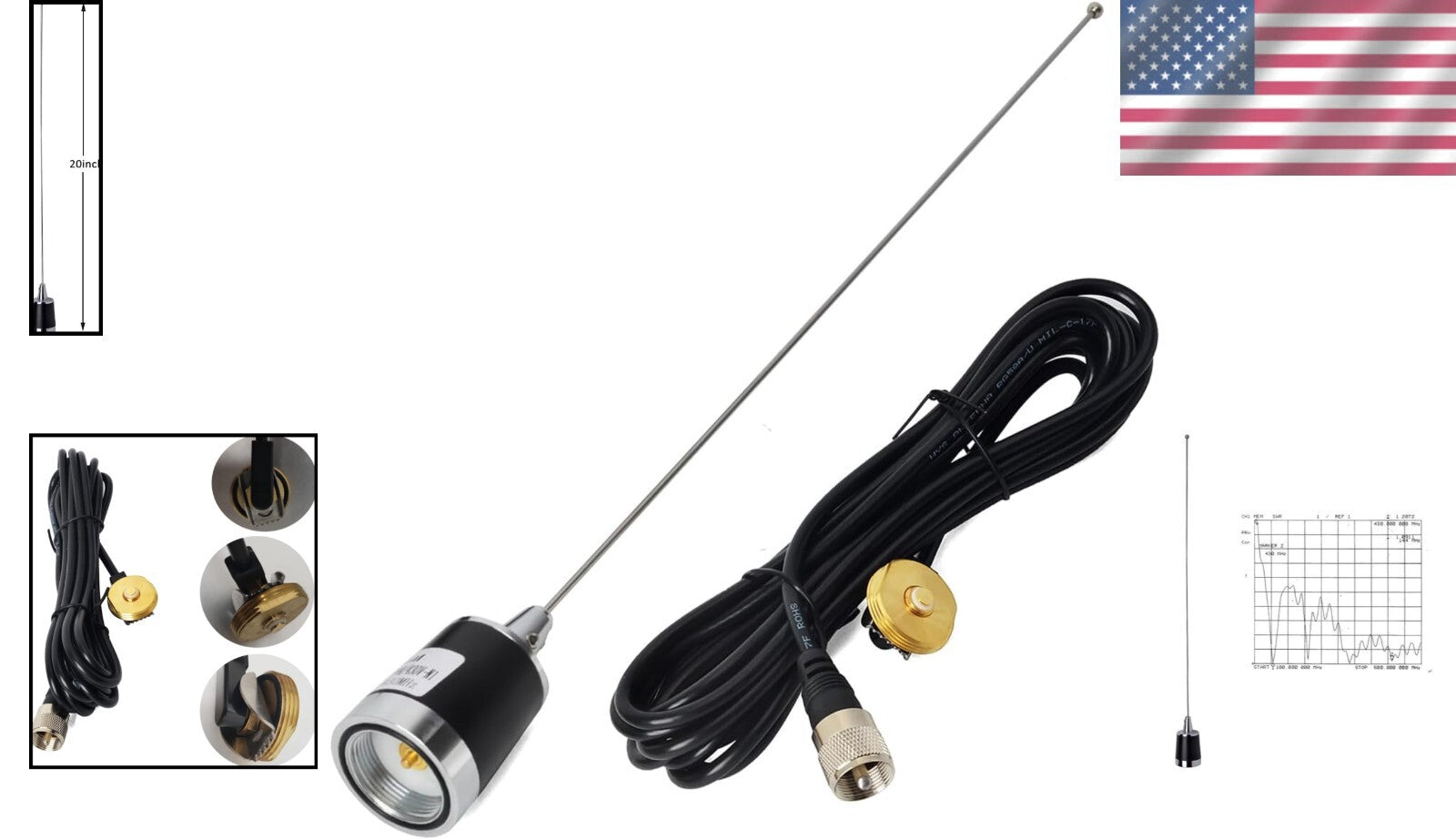 Lightweight 144Mhz/430Mhz Antenna + 13ft Cable for Enhanced Mobile Connectivity