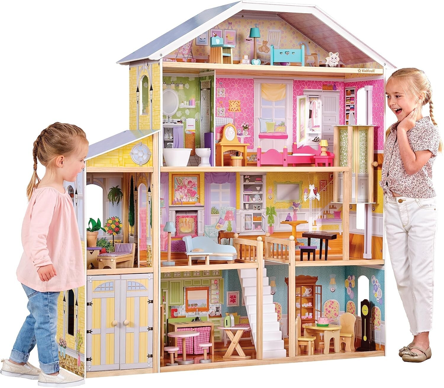 Majestic Wooden Dollhouse with Working Elevator & Fully Furnished, Ages 3+