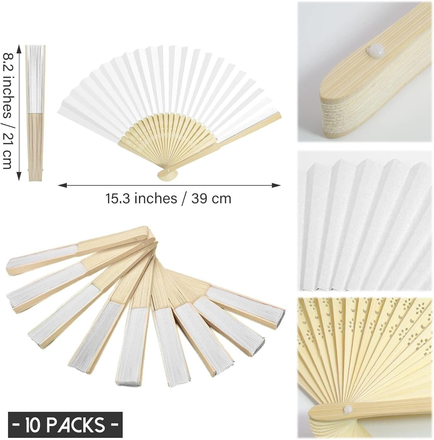 100 Elegant White Bamboo Folding Hand Fans for Weddings & Parties - 8.2"