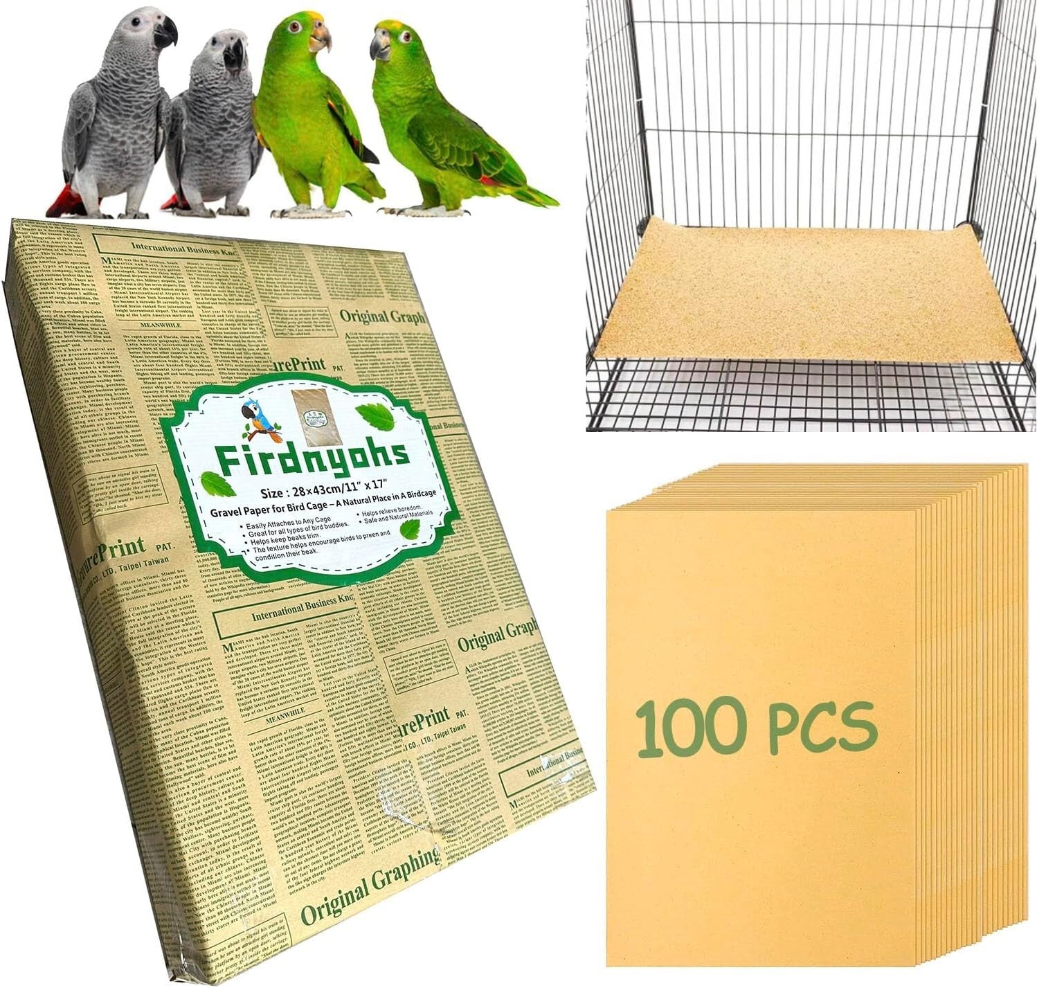 Extra Large 100PCS Bird Cage Paper Liners - Natural Sea Sand for Healthier Birds