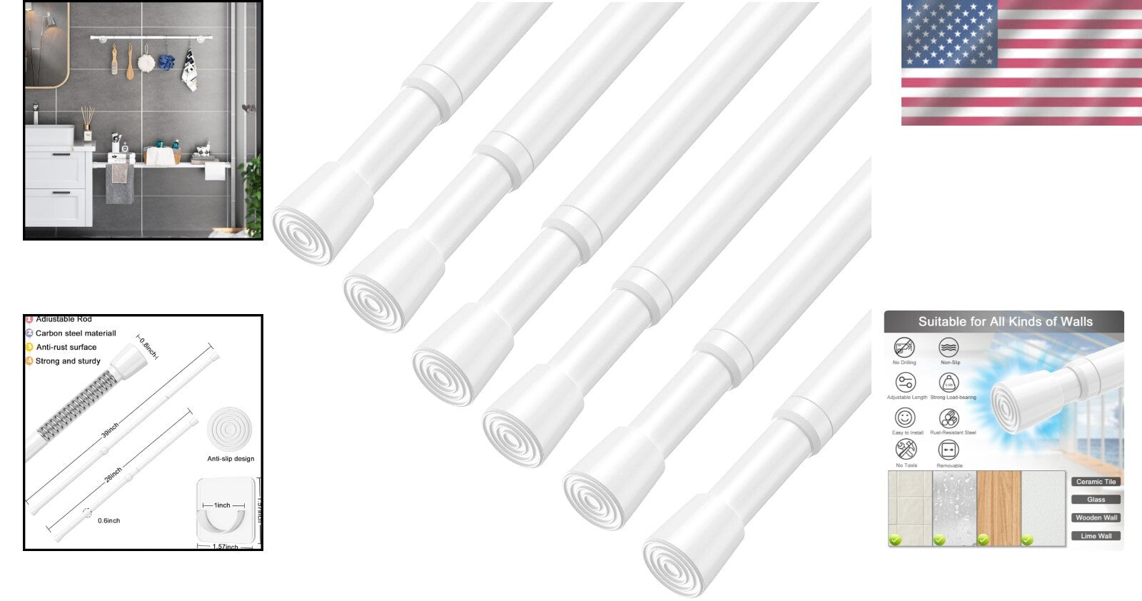 Premium Adjustable Tension Rods, Anti-Skid Ends & Easy Installation, 6-Pcs