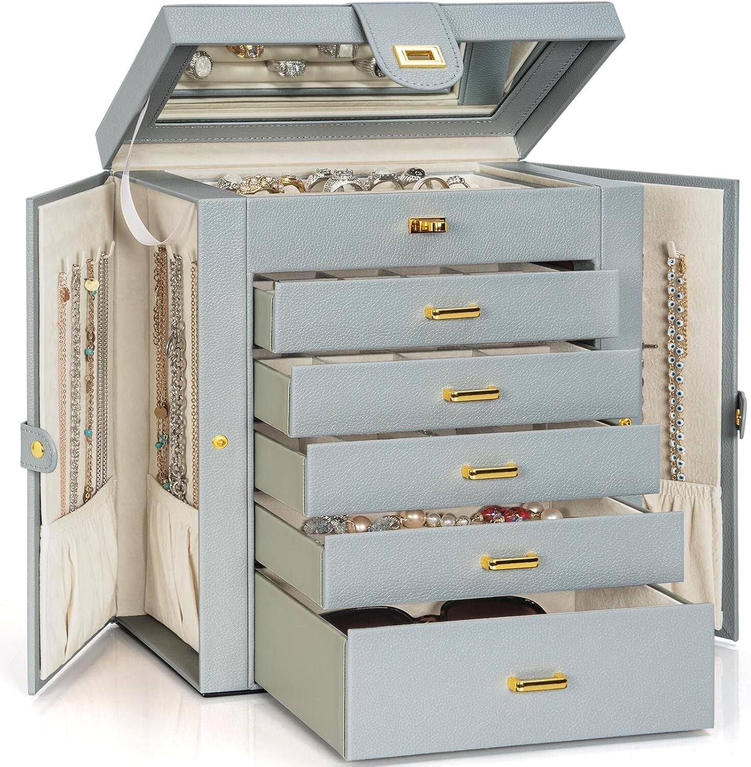 Elegant 5-Drawer Jewelry Organizer with Mirror - Dustproof Leather Storage