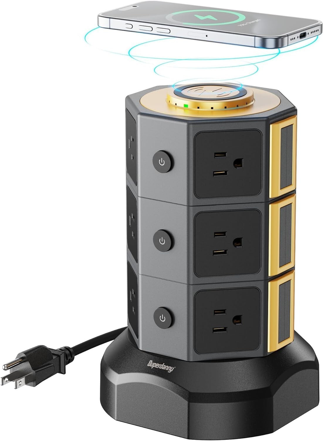 Elegant Surge Protector Tower with 15W Wireless Charger & 12 AC Outlets in Gold