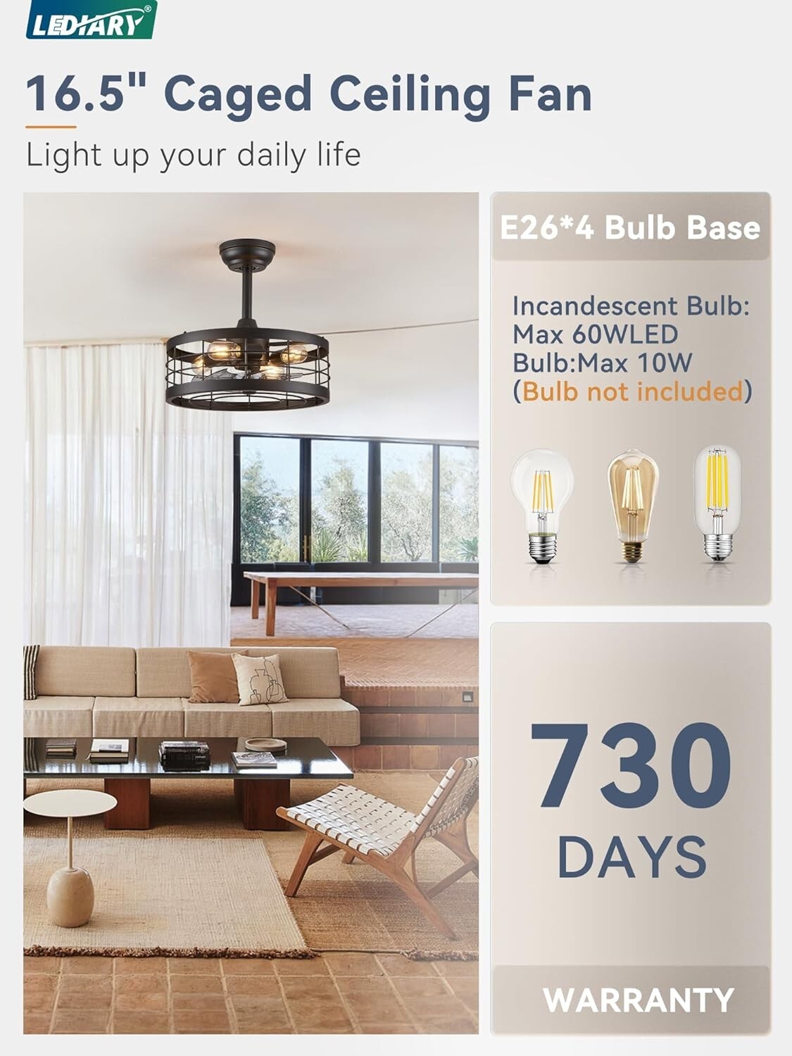 16.5'' Black Caged Ceiling Fan with Remote & LED Light for Stylish Living Spaces