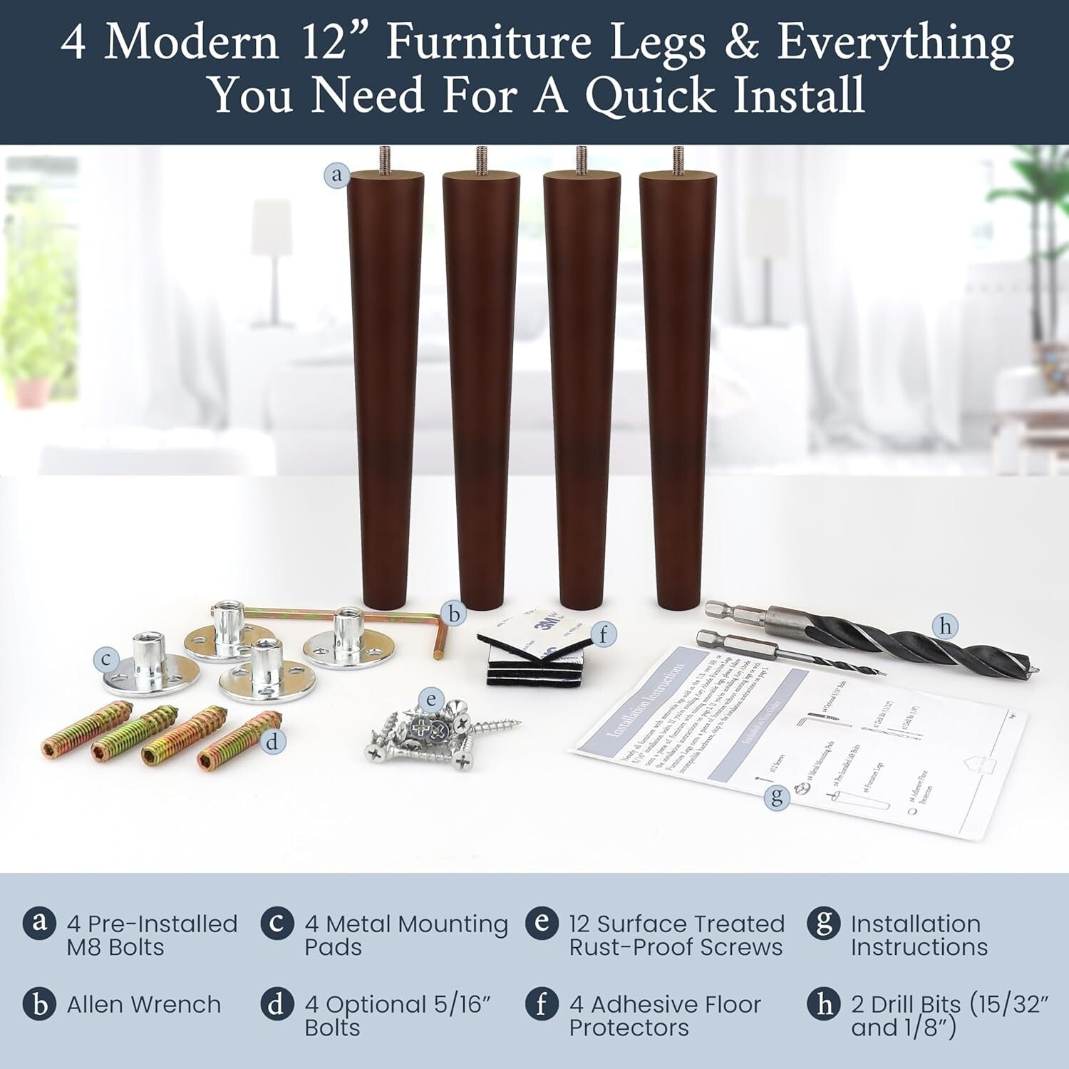 Versatile Walnut Furniture Legs for Any Style - DIY Installation Kit Included