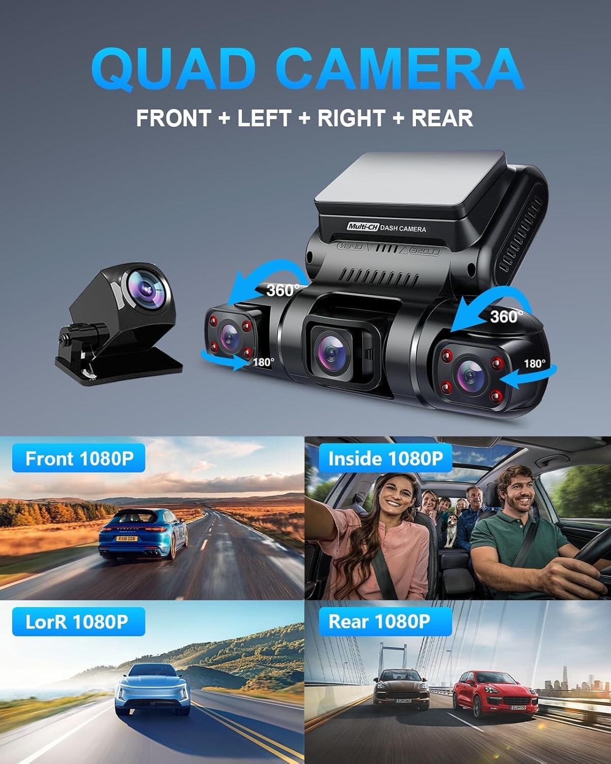 FHD 1080p 4-Channel Dash Camera with Built-in GPS & Wi-Fi for Seamless Recording