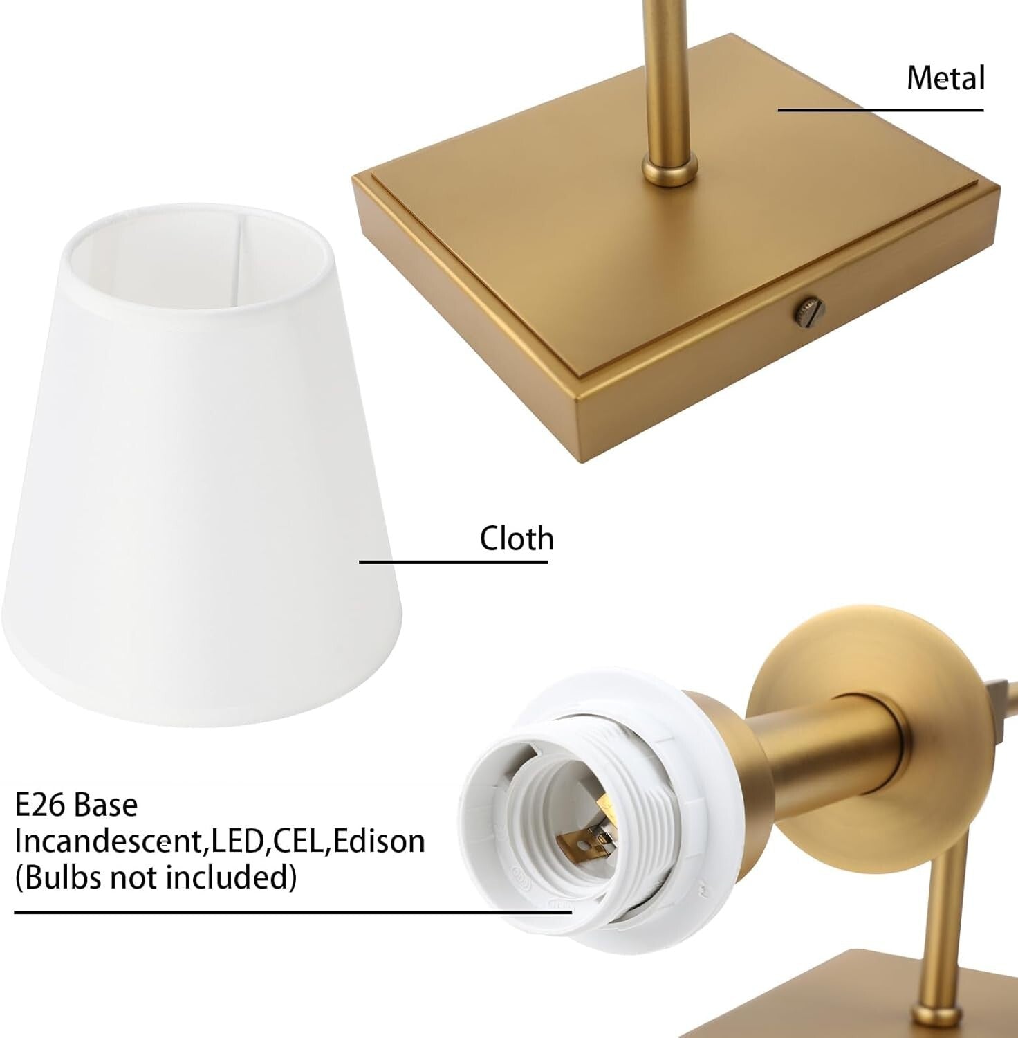 Classic Brass and White Fabric Wall Sconce Set for Living and Dining Rooms