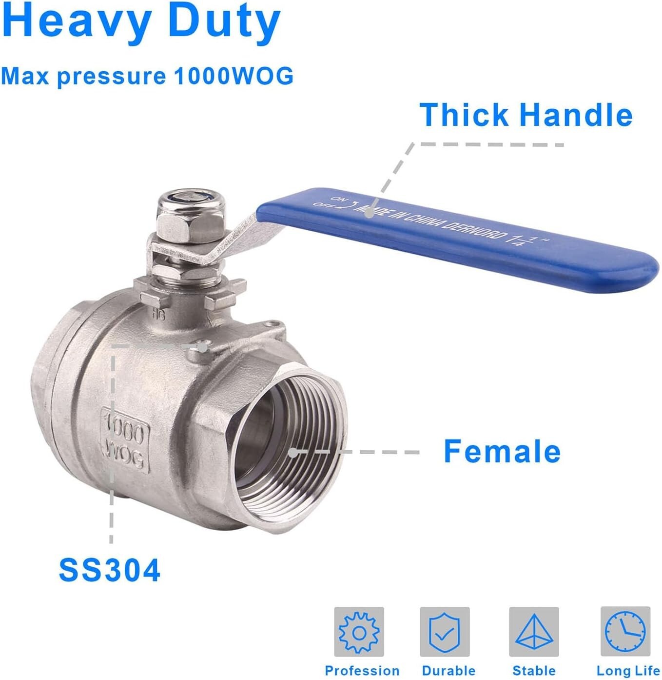 High Pressure 1-1/4" Stainless Steel Ball Valves with Insulated Handles (2-Pack)
