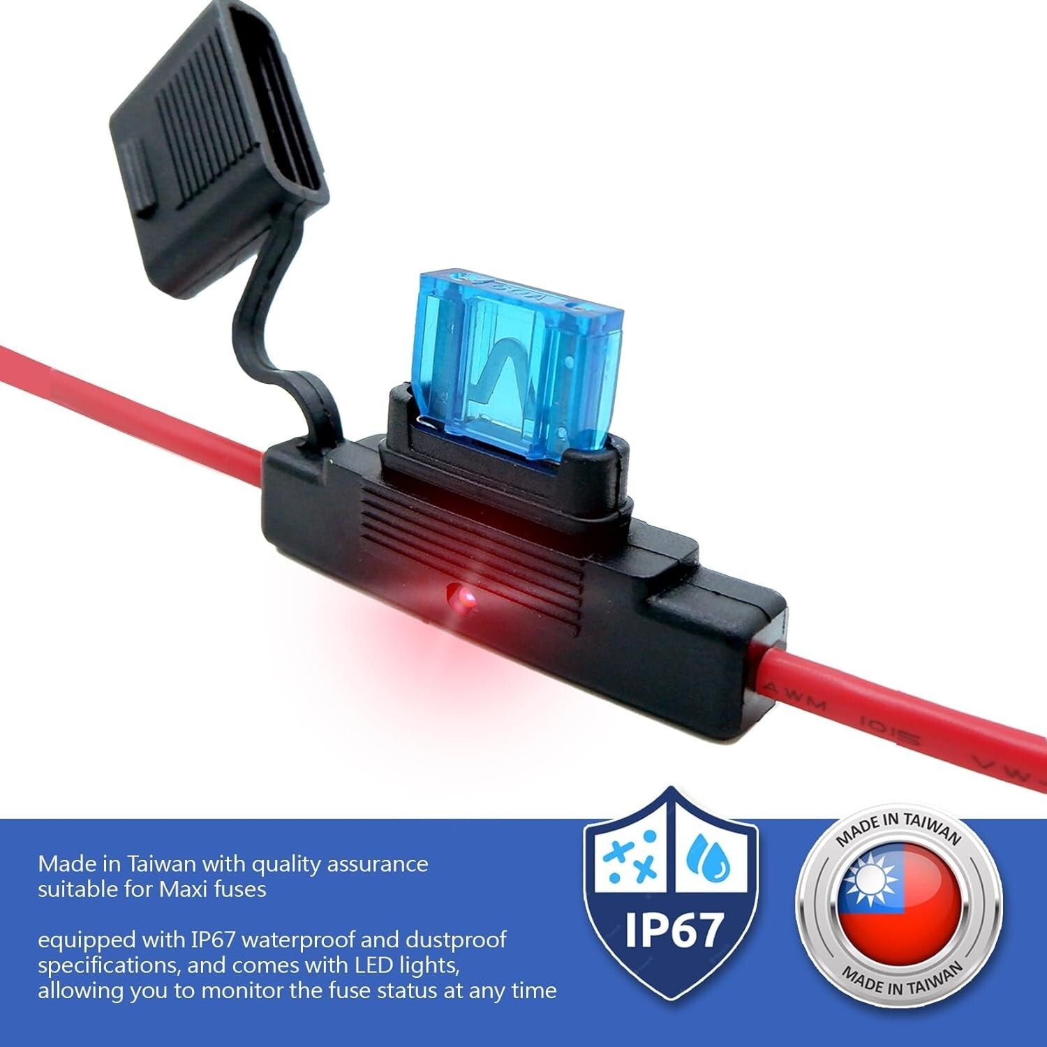 12V Waterproof In-Line Maxi Blade Fuse Holder with LED Indicator - Set of 2