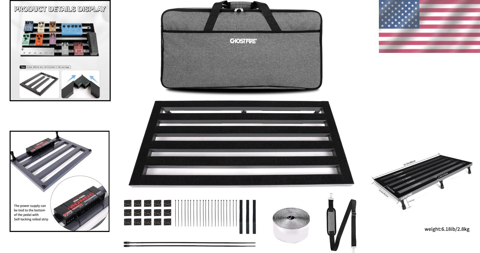 Ultra-Lightweight Effects Pedalboard: 31.5''x15.5'' with Travel Bag & Magic Tape