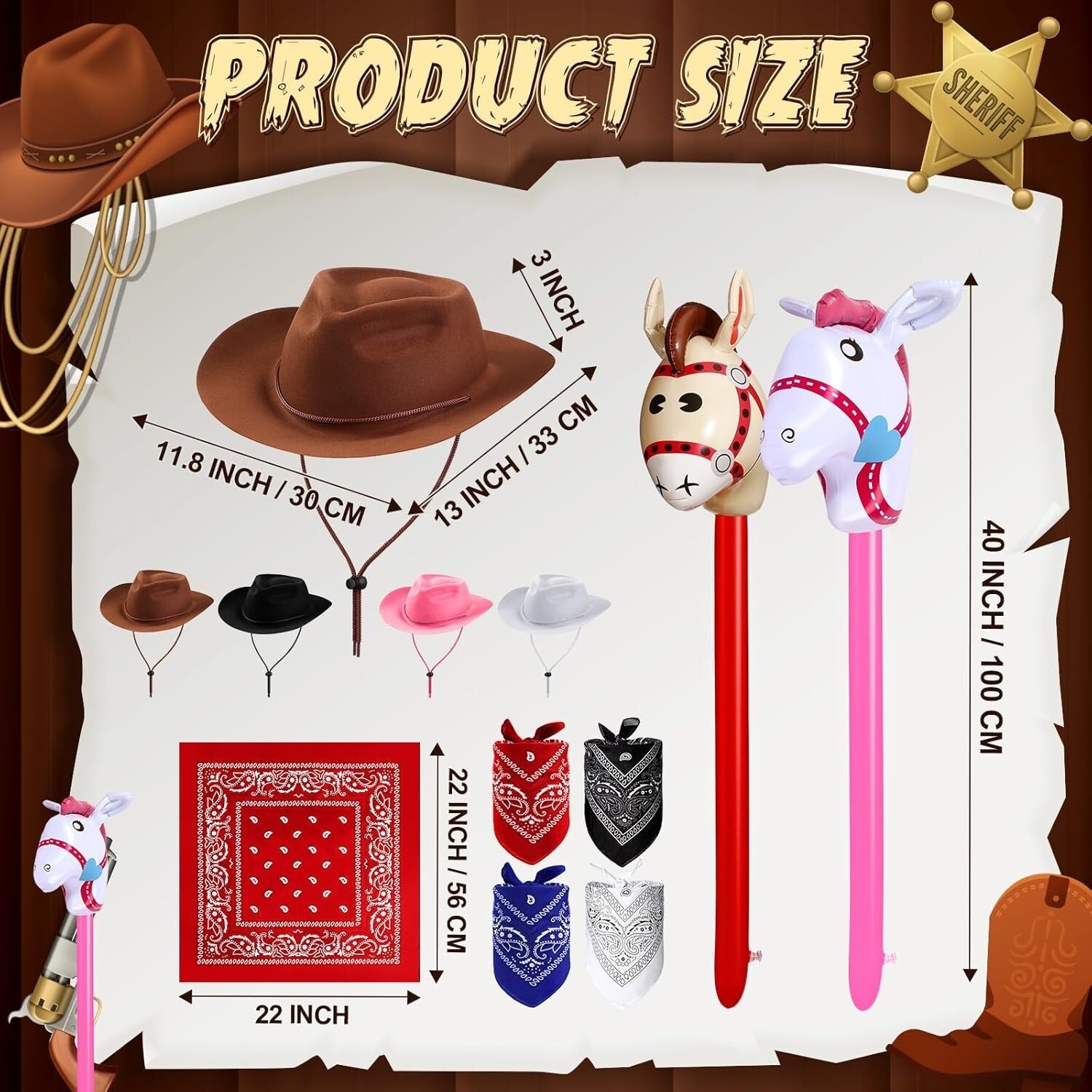 Fun Cowboy Costume Set - 36 Pcs of Hats, Bandanas & Inflatable Stick Horses