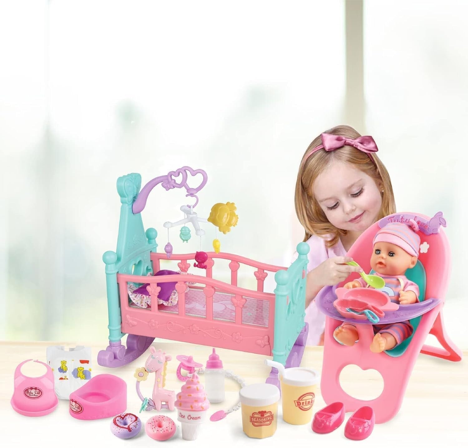 Safe 12” Baby Doll Toy Set with Crib, High Chair & Accessories for Pretend Play