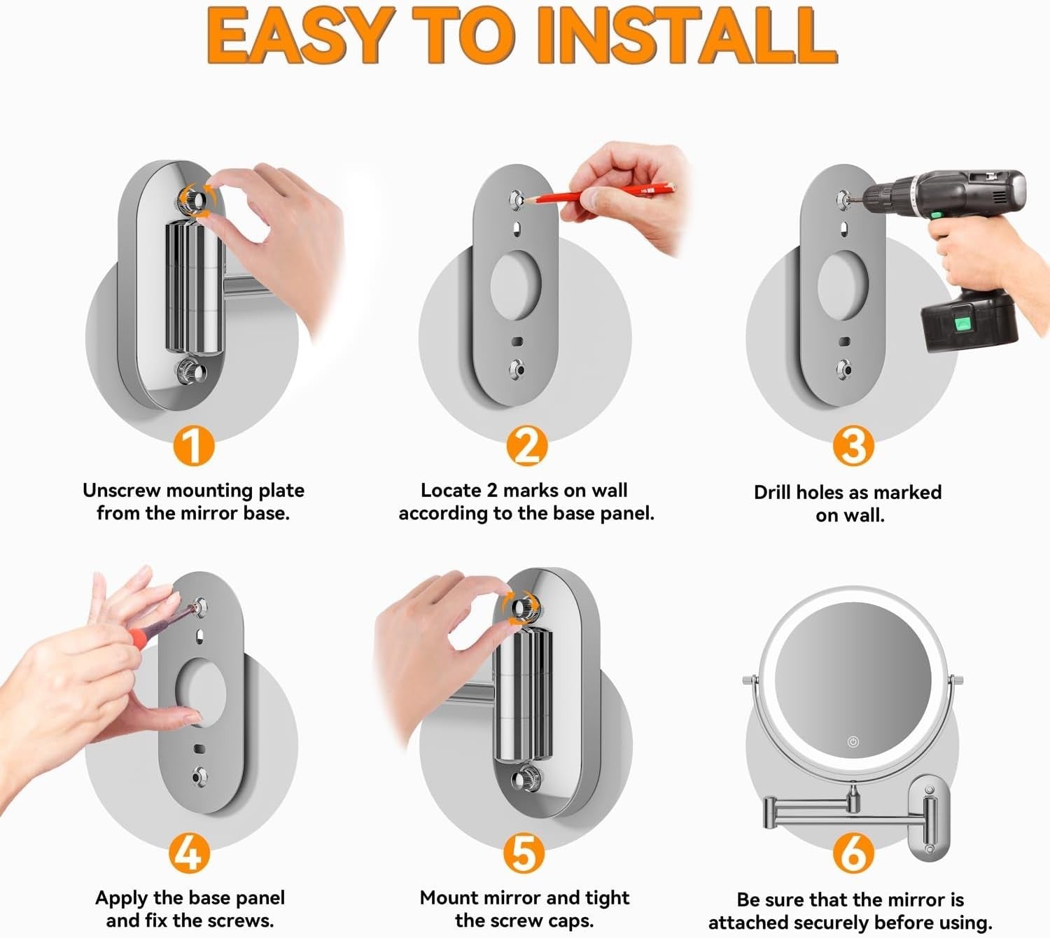 8” Round Makeup Mirror with 54 LED Lights - Rechargeable & Adjustable Brightness