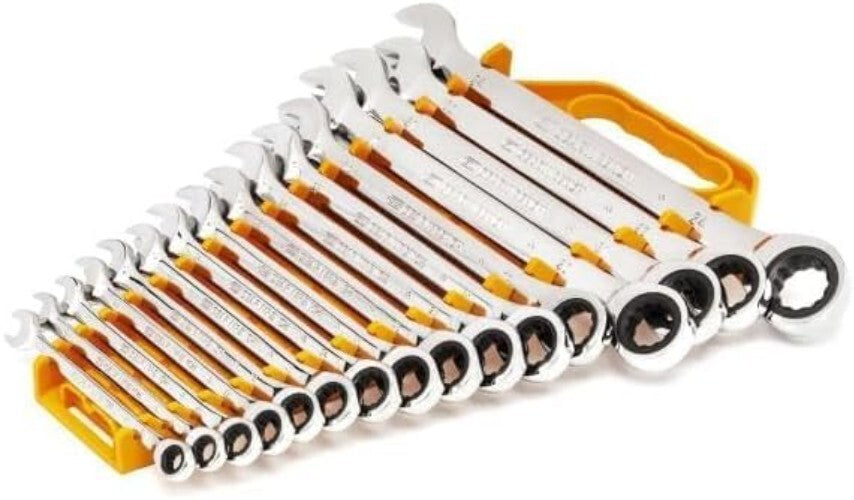Alloy Steel 16-Piece Ratcheting Wrench Set for Mechanics with Storage Rack