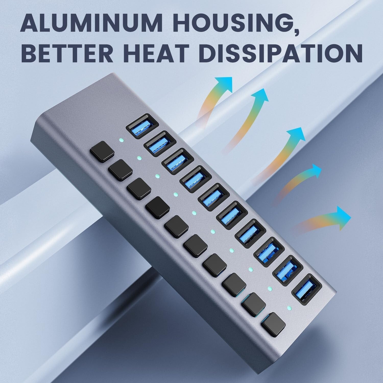 Aluminum 10-Port USB 3.0 Splitter with Surge Protection & 5Gbps Transfer Speed