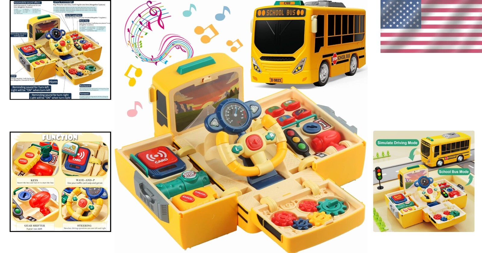 Eco-Friendly Animated School Bus Toy with Steering Wheel & Educational Sounds