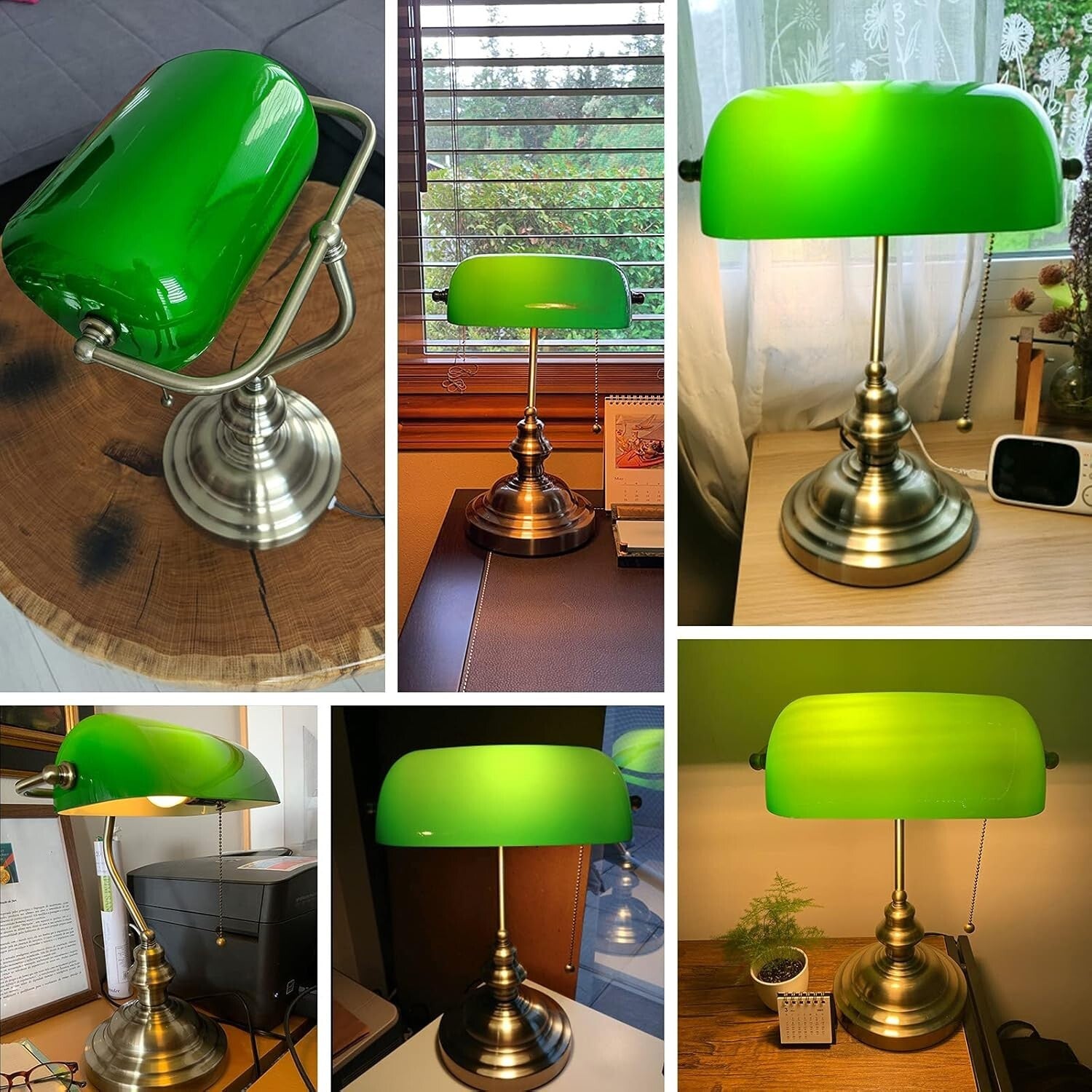 Classic Banker Desk Lamp - Adjustable Green Glass Shade with Pull Chain Switch