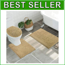 Load image into Gallery viewer, 3pc Non-Slip Shaggy Chenille Bath Mat Set in Beige with Toilet Rug and Lid Cover