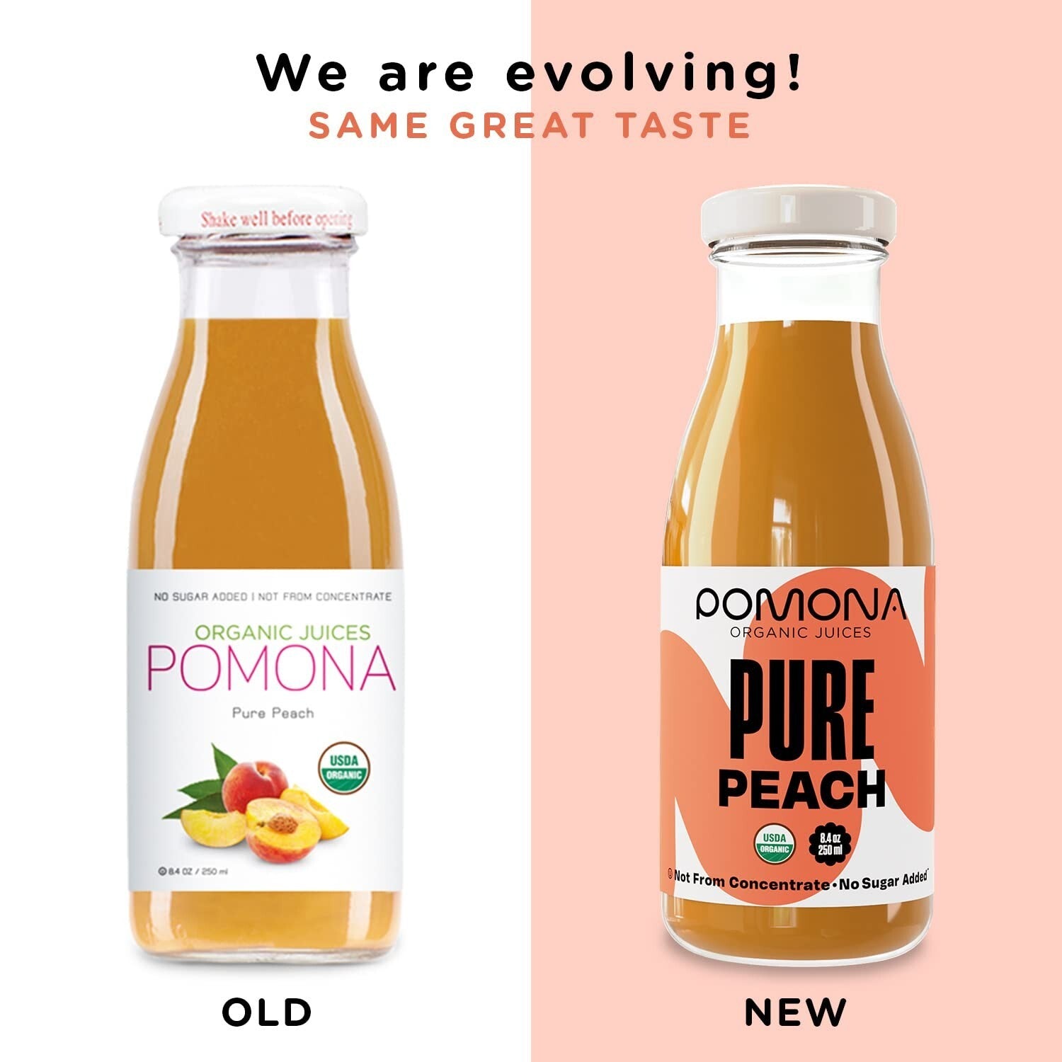 Pomona Cold Pressed Organic Peach Juice - Pack of 12 - 8.4 oz Glass Bottles