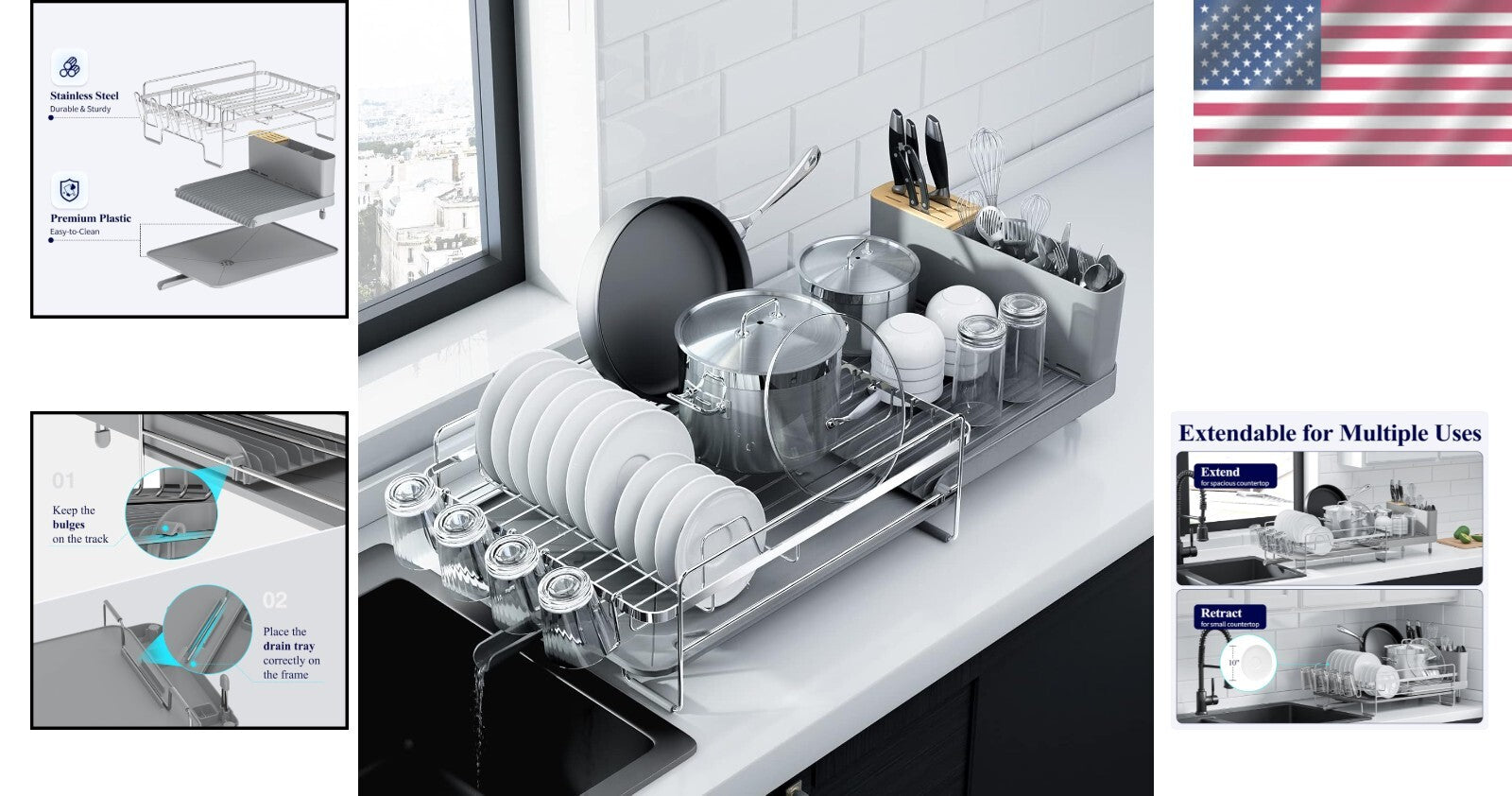 Large Extendable Dish Drying Rack - Rust-Resistant & Adjustable for Counter Use