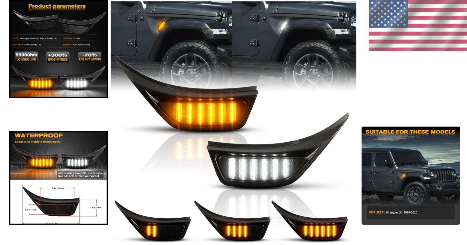 Waterproof Smoked LED Side Marker Lights for 2018-2023 Jeep Wrangler & Gladiator