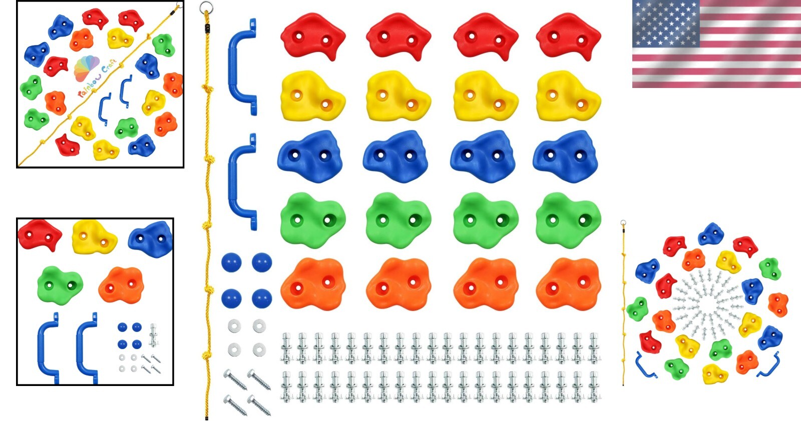 Durable 20pc Kids Rock Climbing Holds with Handles & Knotted Rope - Safe Fun