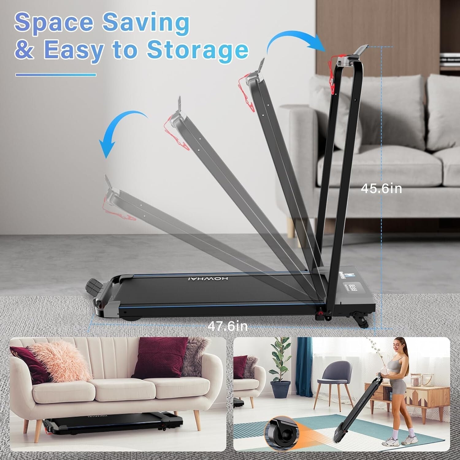 Foldable 2-in-1 Under Desk Treadmill with Bluetooth & Remote - 300lbs Capacity