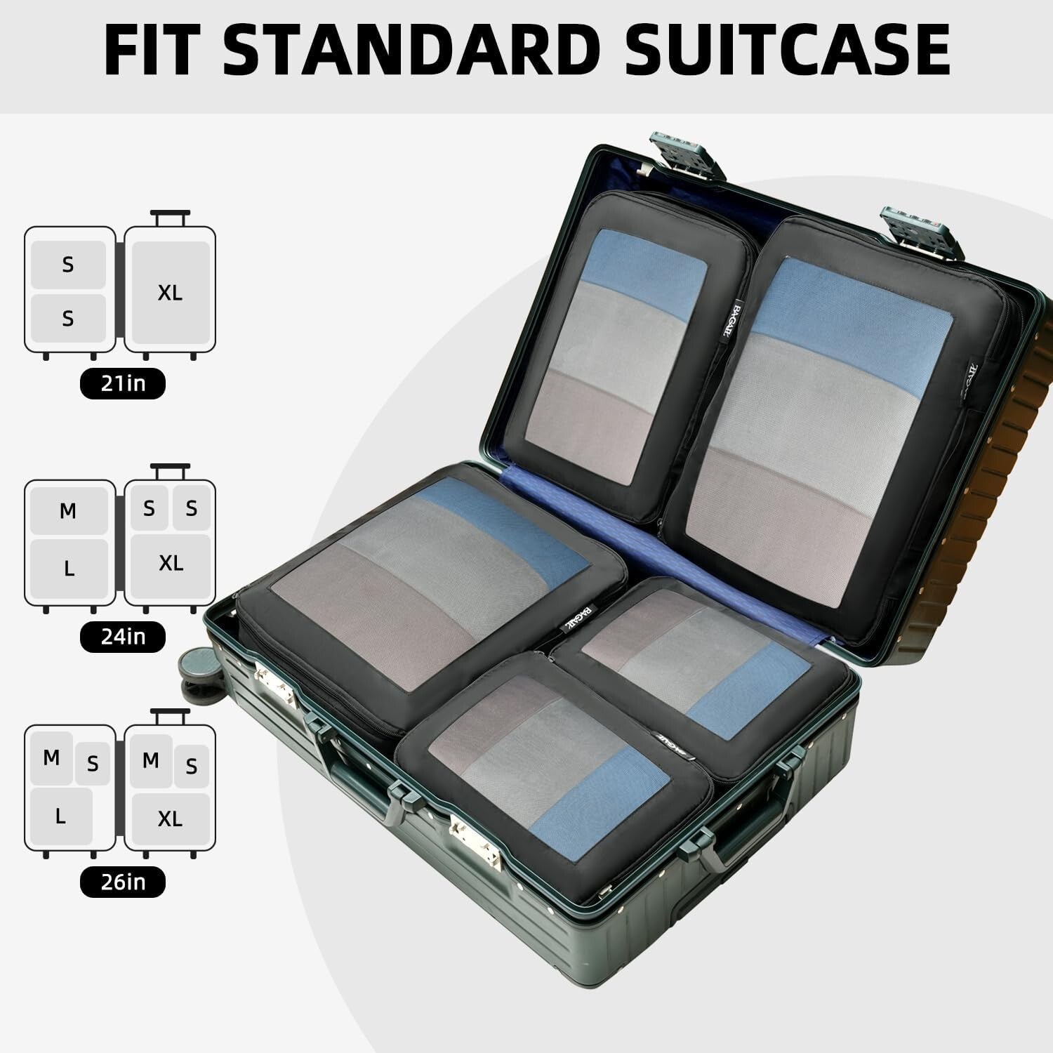 Expandable Compression Packing Cubes - 6 Set Travel Organizers in Black Mesh