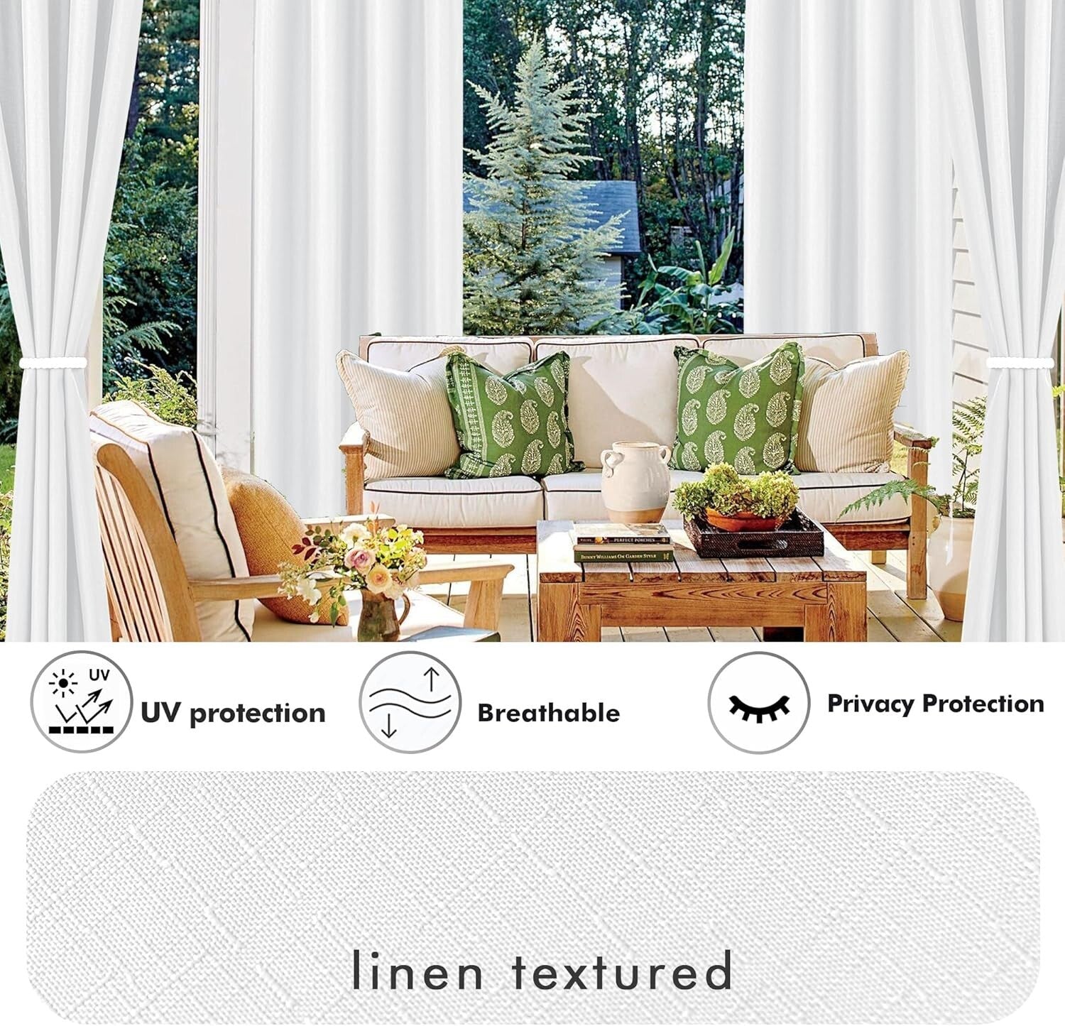 Elegant White Linen Outdoor Curtain Panels - 54" Wide x 84" Long, Weatherproof