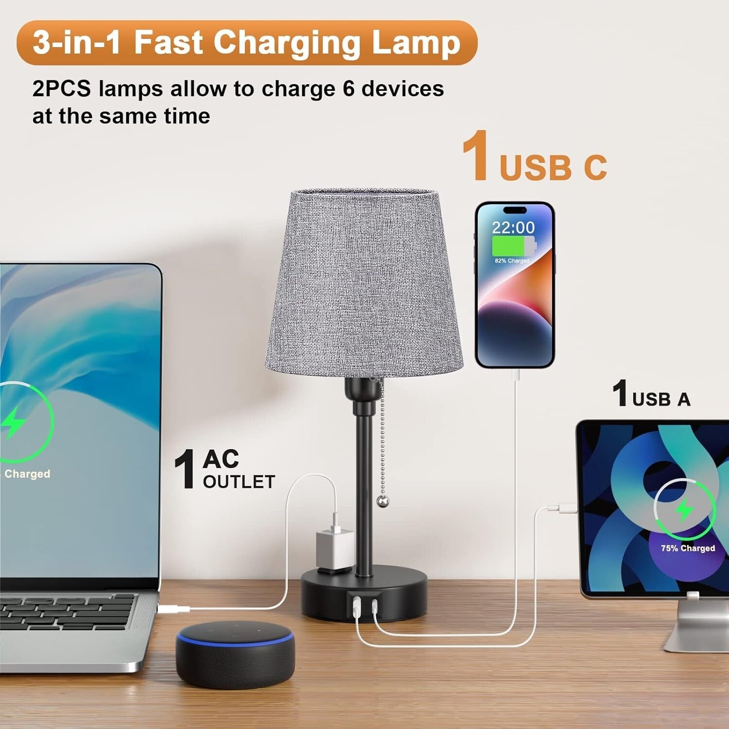Dimmable Gray Bedside Lamps with Built-in USB Charge & 3 Light Settings - 2 Pack