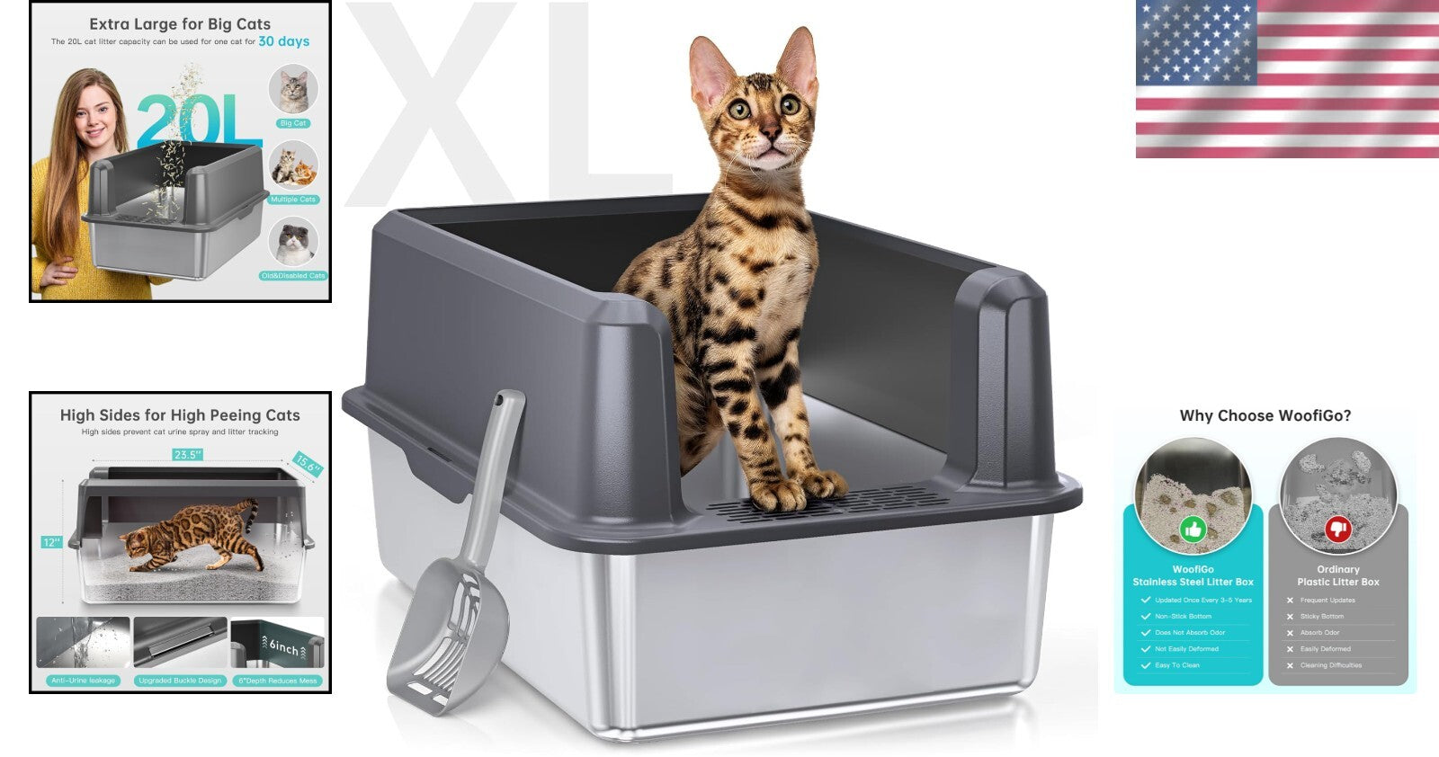 Durable XL Stainless Steel Litter Box with Secure Lid & Litter Scoop Included