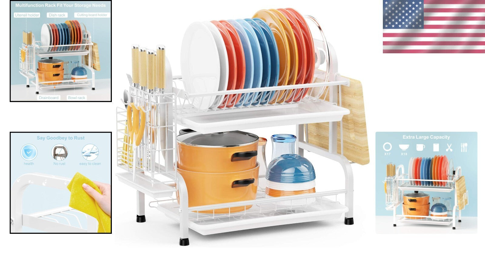 Durable Stainless Steel Dish Drying Rack - 2 Tiers with Utensil & Knife Storage