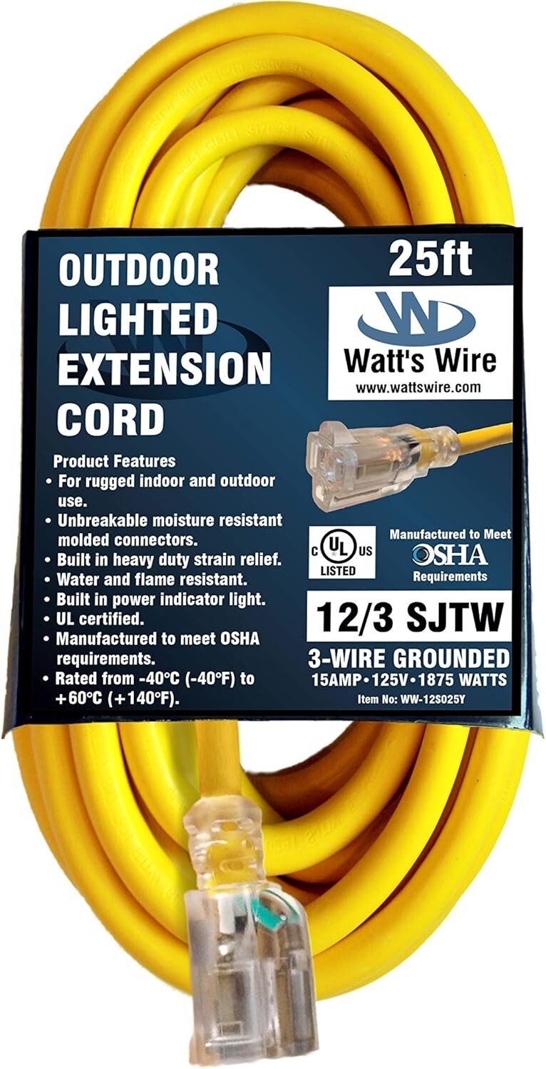 Heavy Duty 25 ft Extension Cord with Lighted End - Ideal for Appliances & Tools