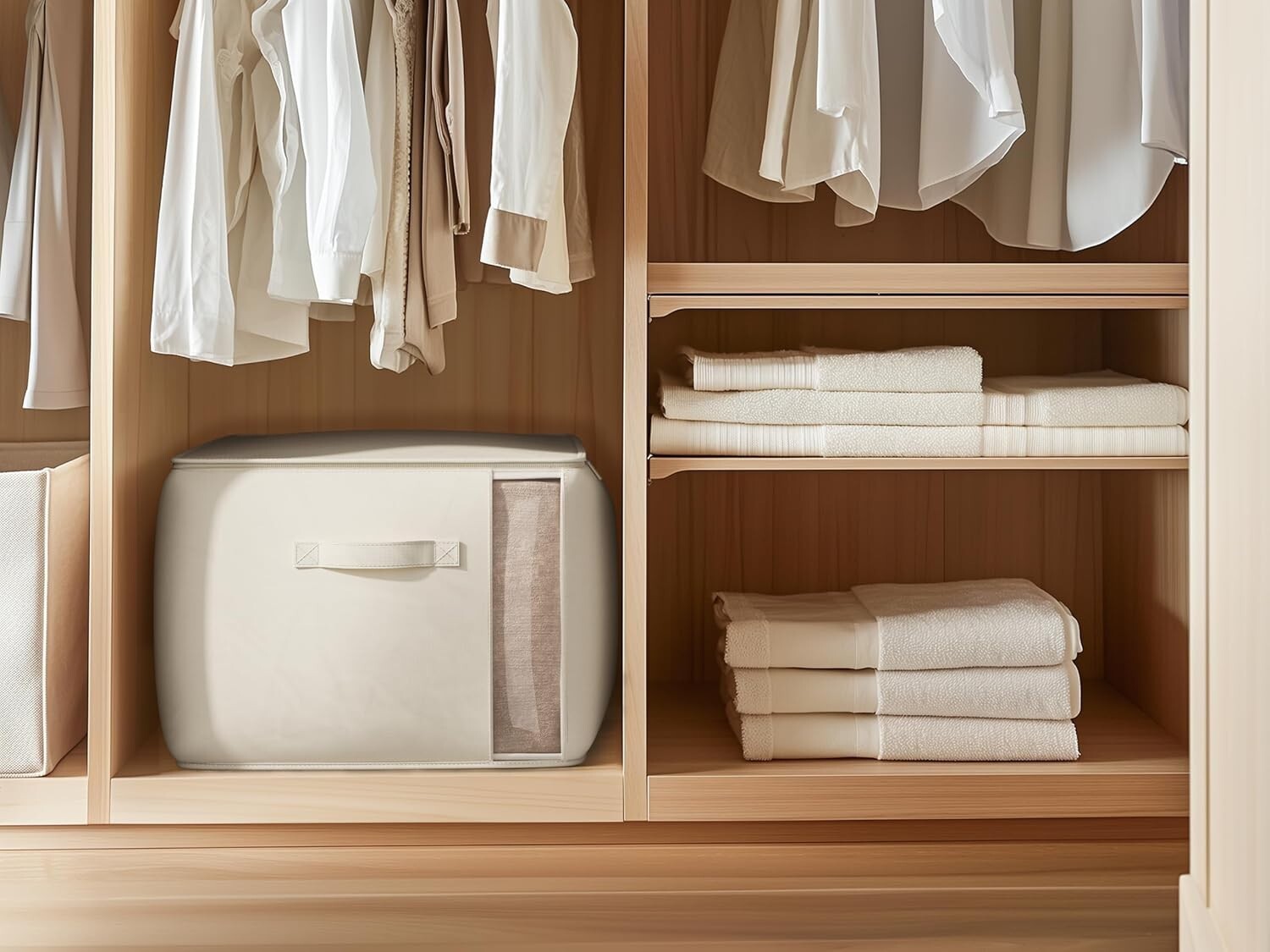 Spacious 70L Foldable Cotton Linen Storage Bags with Zipper & Side Window, Beige