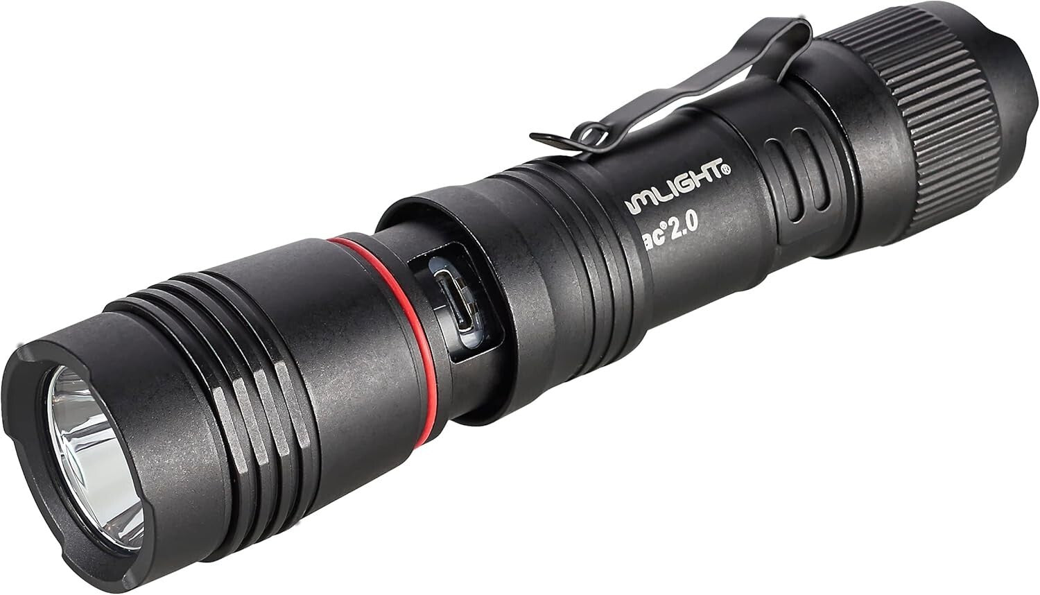 Rechargeable Black Tactical Flashlight - 2000 Lumens, USB-C and Holster Included