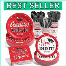 Load image into Gallery viewer, Premium Disposable Graduation Dinnerware for 25 Guests - Red &amp; Black Elegance