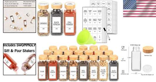 Elegant 24 Pcs Spice Storage Set: 8 Oz Glass Jars with Bamboo Lids & Labels