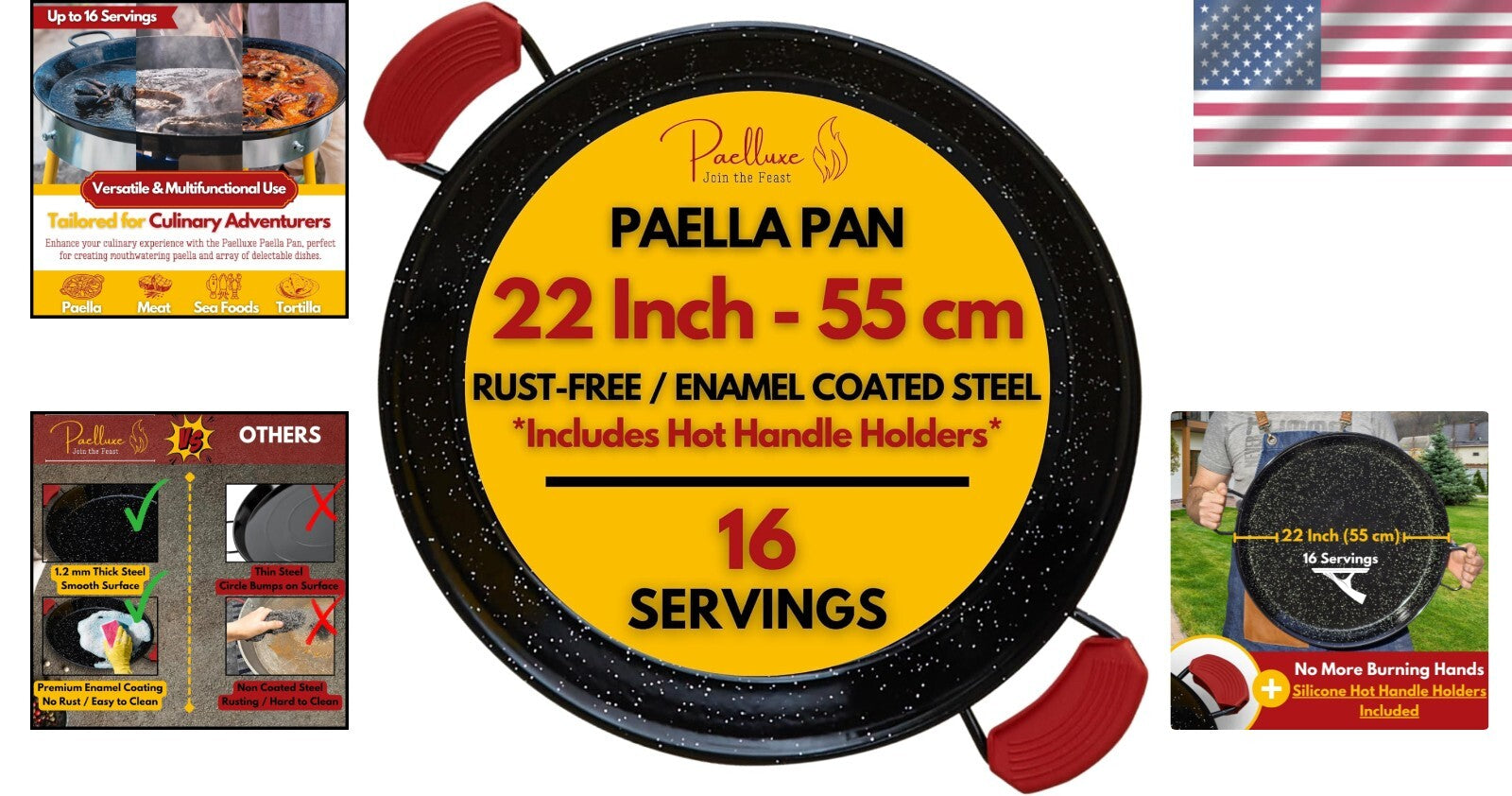 Easy-Clean 22 Inch Enameled Paella Skillet for Large Gatherings & Outdoor Feasts