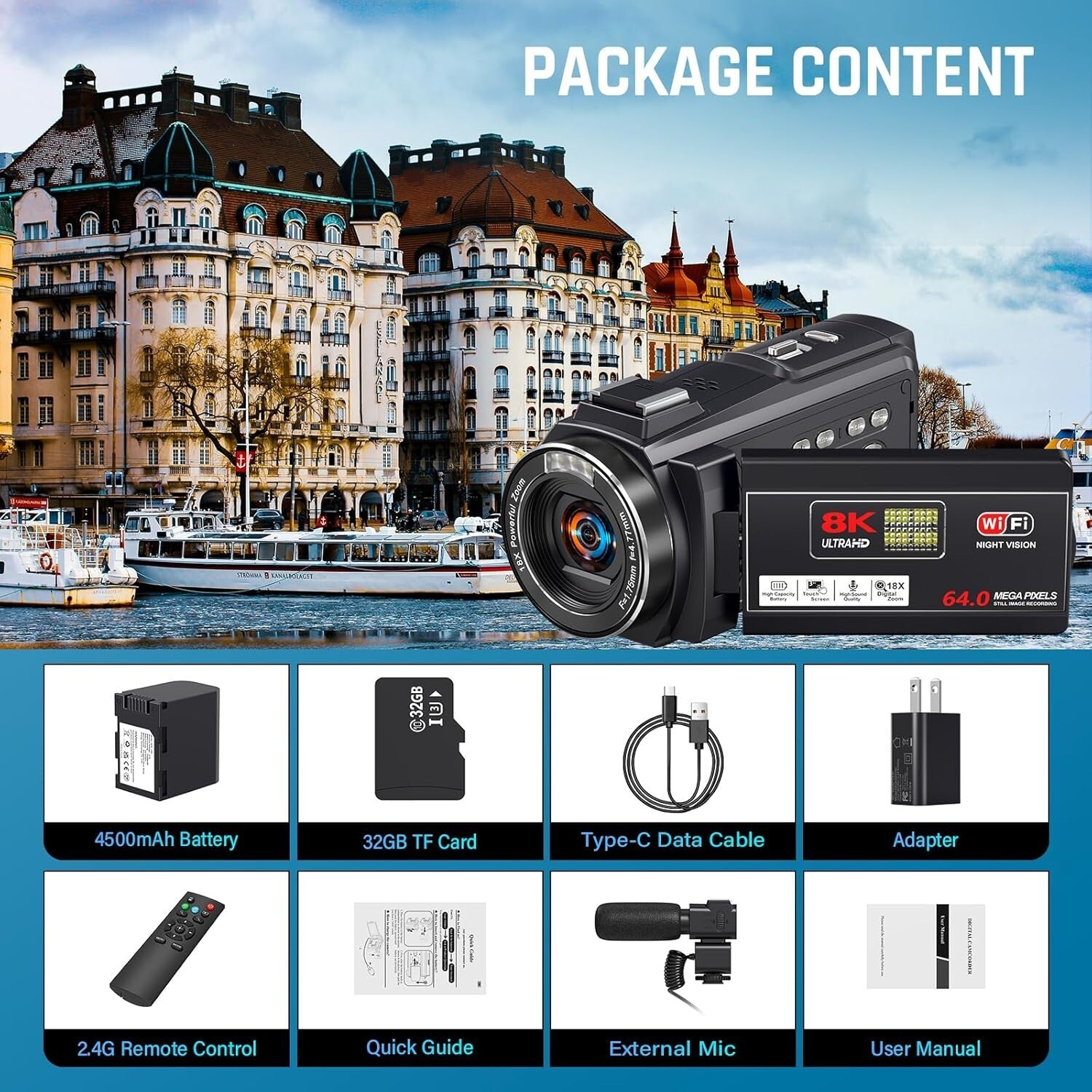 8K 64MP Vlogging Camera with 18X Zoom, IR Night Vision & WiFi Connectivity
