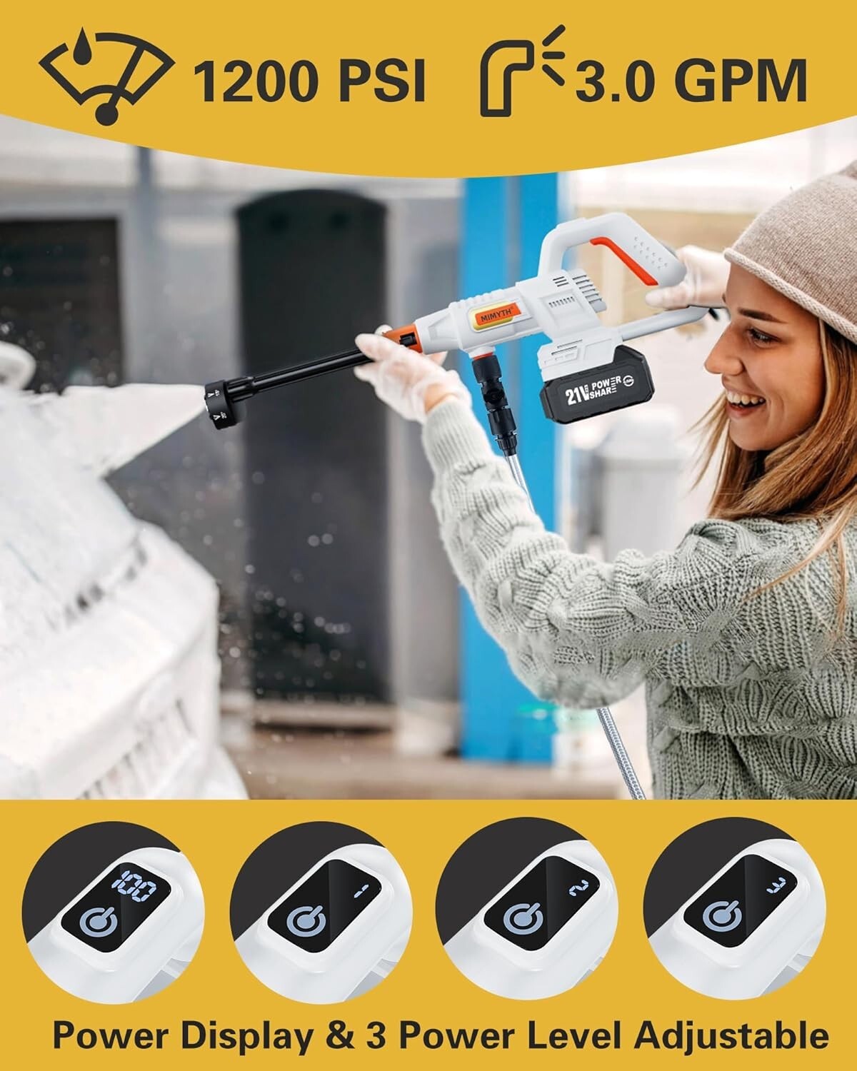 Efficient 1200 PSI Cordless Pressure Washer with Adjustable Nozzle & Battery