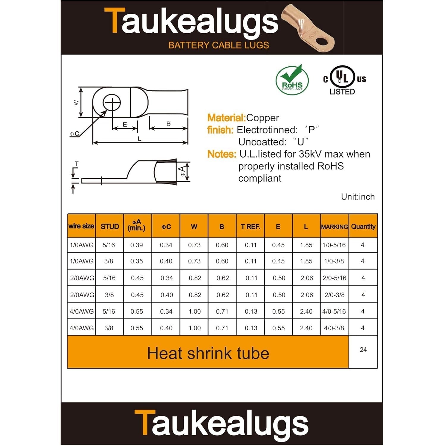 48PCS UL Certified Copper Cable Ends Kit - AWG 1/0 2/0 4/0 with Shrink Tubing