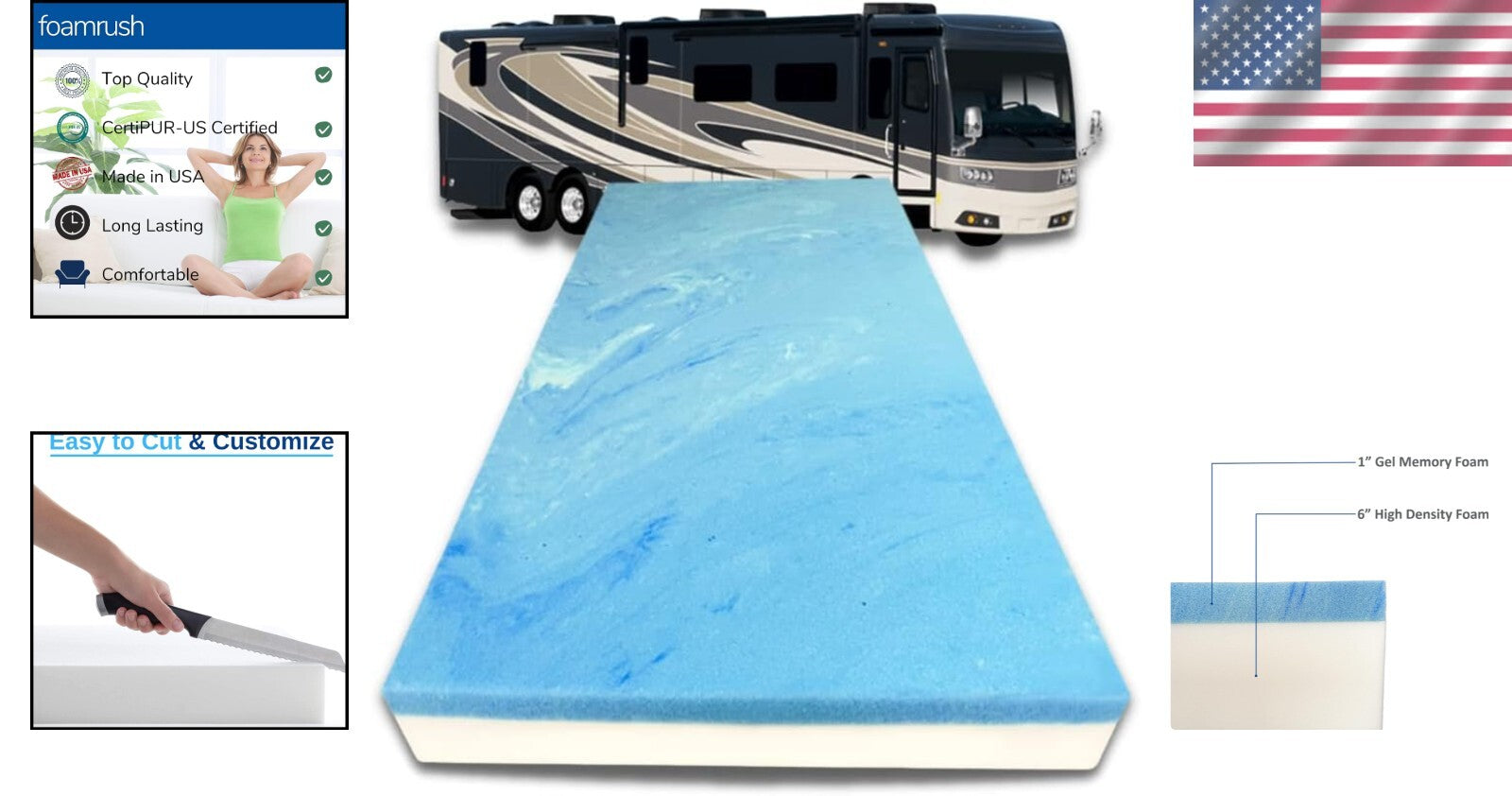 7-Inch Gel Memory Foam RV Mattress Replacement, 30" x 72" Medium Firm Comfort