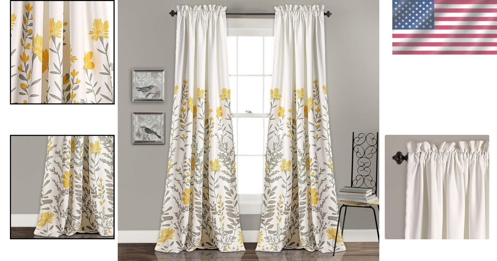 Elegant Yellow Floral Rod Pocket Curtains, Set of 2, 52"W x 84"L for Living Room