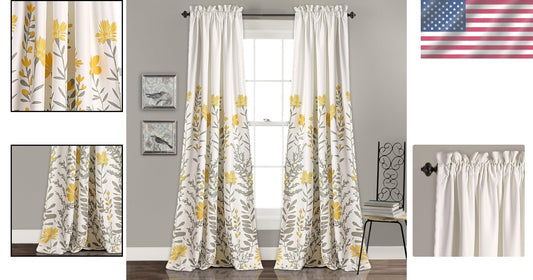 Elegant Yellow Floral Rod Pocket Curtains, Set of 2, 52"W x 84"L for Living Room